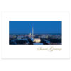 Washington DC Skyline holiday card. The classic view of the Washington skyline and its monuments on a snowy night.